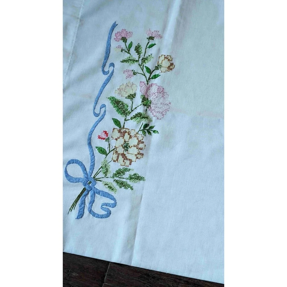 Whimsy Hand Stitched Bed Pillow Cases Set 2 Country Cottage Pattern